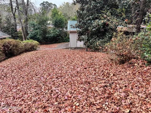 a backyard of a house with large trees