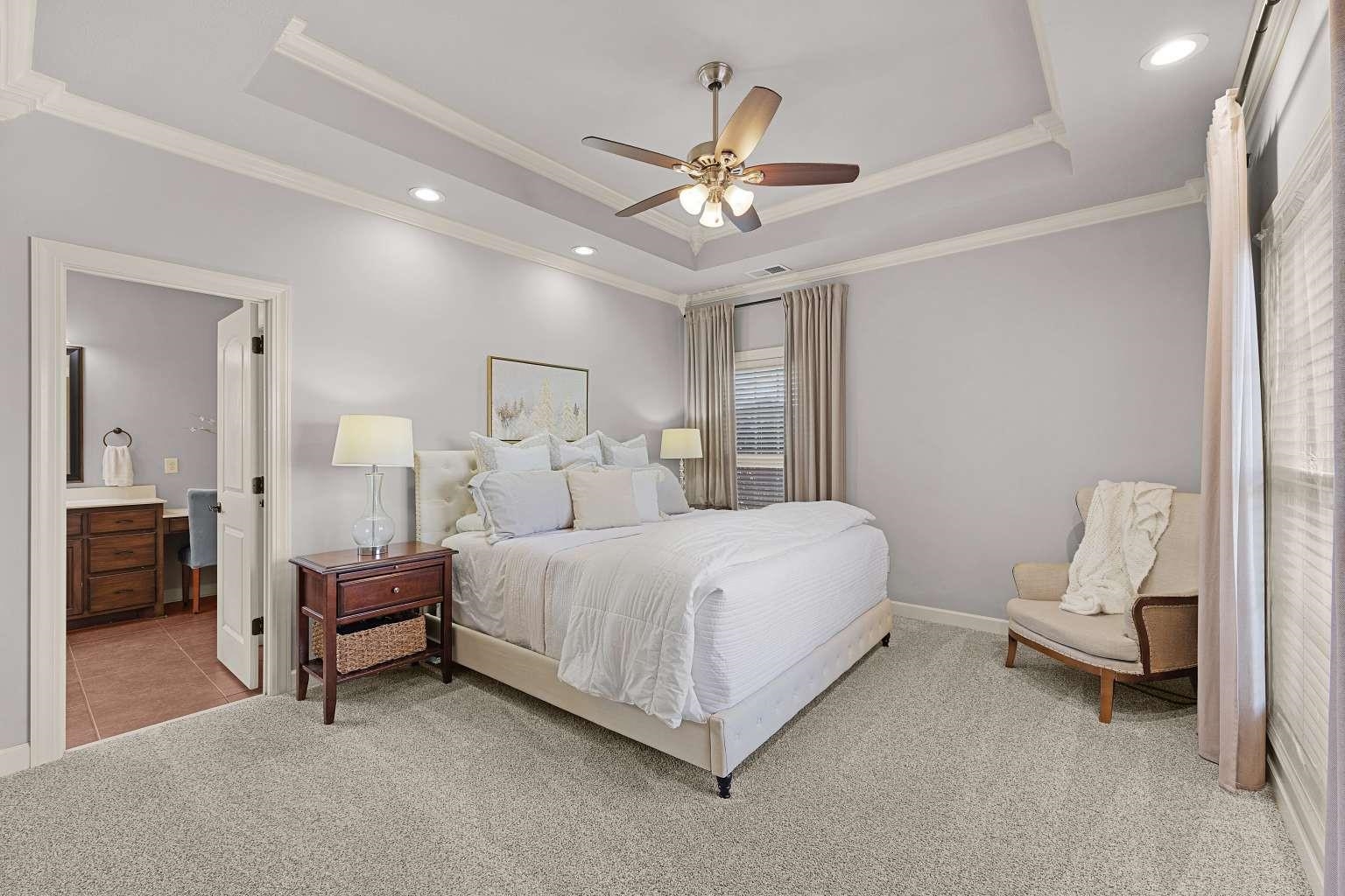 621 Wortham Cemetery Road Bells, TN 38006 - Photo 18 of 25 Bedroom featuring light colored carpet, ceiling fan, crown molding, ensuite bathroom, and recessed lighting
