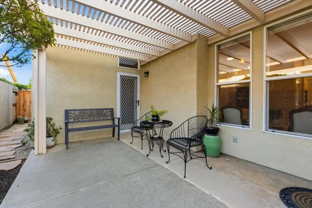 a view of a backyard with potted plants and large tree