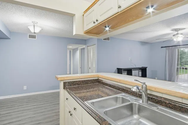 a kitchen with a sink and a refrigerator