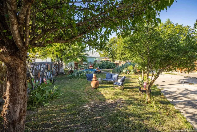 a view of a yard with large trees