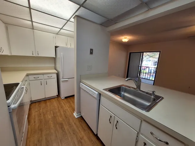 a kitchen that has a sink wooden floor and stainless steel appliances