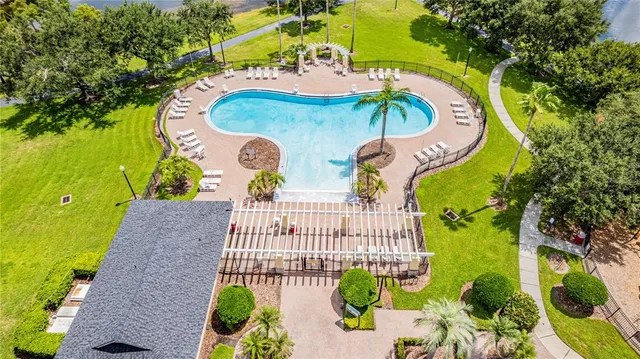 an aerial view of a swimming pool