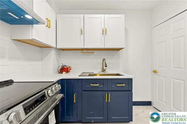 a kitchen with a stove and a sink