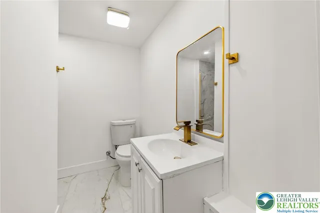 a bathroom with a sink a toilet and mirror