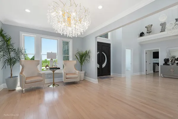 a lobby with a couch and a table