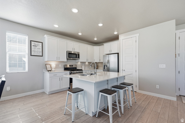 3244 West 1670th Street North Provo, UT 84601 - Photo 13 of 56 Modern kitchen featuring a central island with countertop seating, white shaker-style cabinetry, and stainless steel appliances