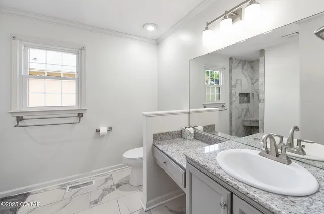 a bathroom with a granite countertop sink a toilet and a mirror
