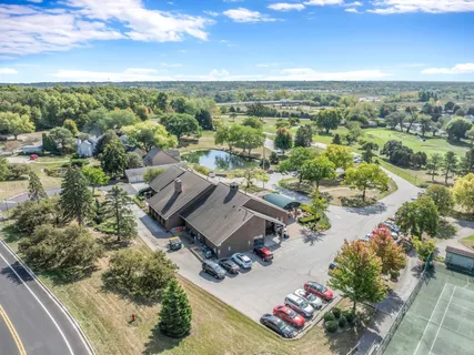 a view of a lake with a city