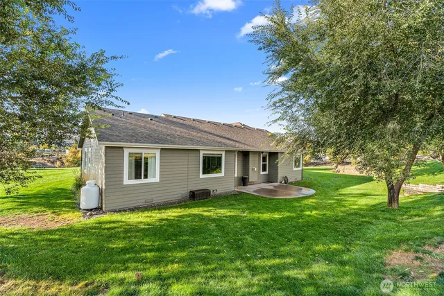 a backyard of a house with plants and large trees
