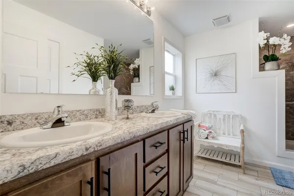a bathroom with a granite countertop sink a mirror and a potted plant