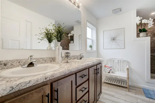 a bathroom with a granite countertop sink a mirror and a potted plant