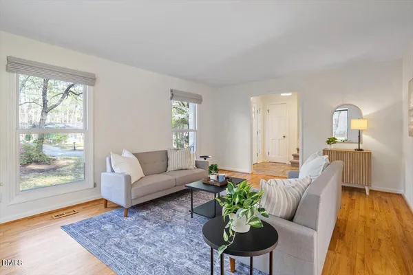 a living room with furniture and a potted plant