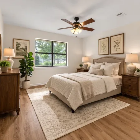 a bedroom with a large bed and a chandelier