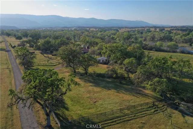 an aerial view of green landscape with trees houses and mountain view