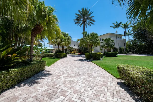 a front view of a house with a yard and palm trees
