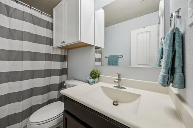 a bathroom with a sink a toilet a mirror and shower curtain