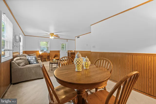 a view of a dining room with furniture