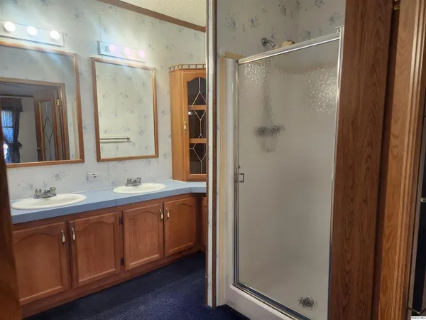 a bathroom with a double vanity sink a mirror and a shower