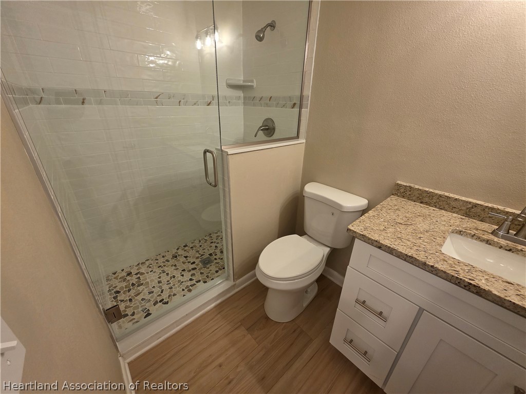 2858 North Lancaster Road Avon Park, FL 33825 - Photo 11 of 13 a bathroom with a granite countertop sink a toilet a shower and a mirror