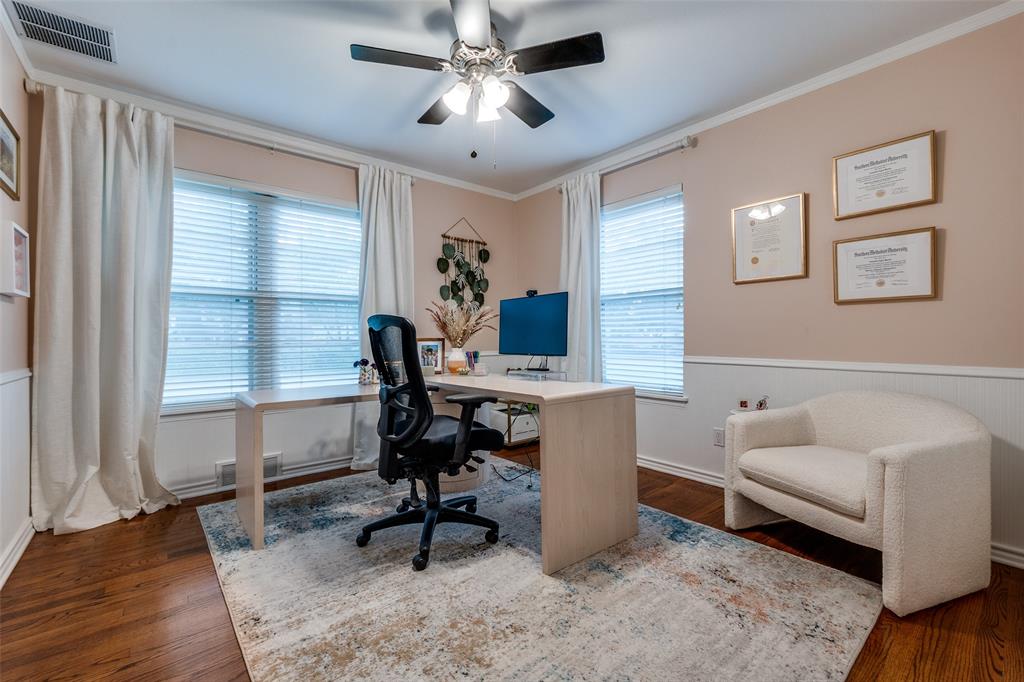 4159 Clover Lane Dallas, TX 75220 - Photo 13 of 25 Office area featuring dark wood finished floors, a ceiling fan, ornamental molding, and baseboards