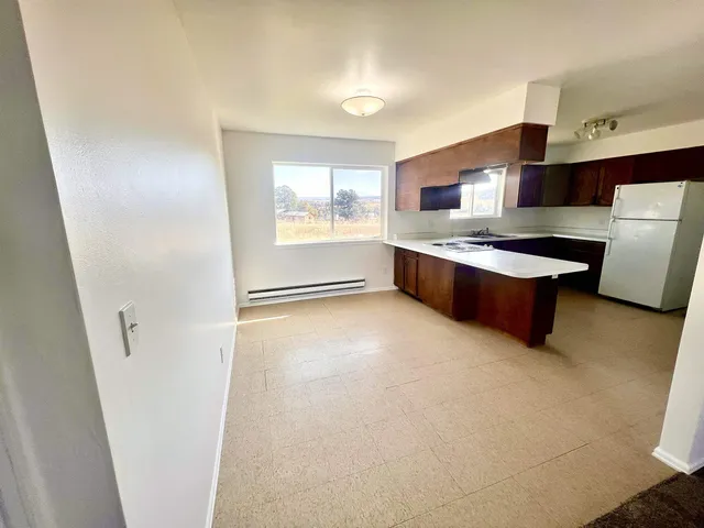 a large kitchen with stainless steel appliances a stove a refrigerator a sink a window and white cabinets