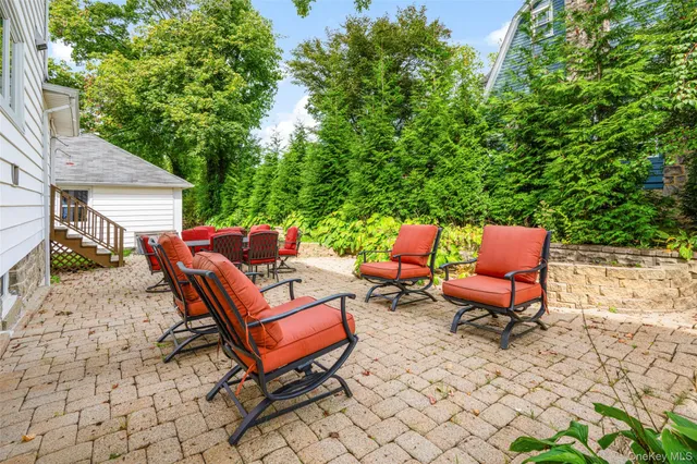 a backyard of a house with table and chairs