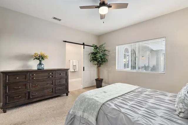 a bedroom with a large bed and a potted plant