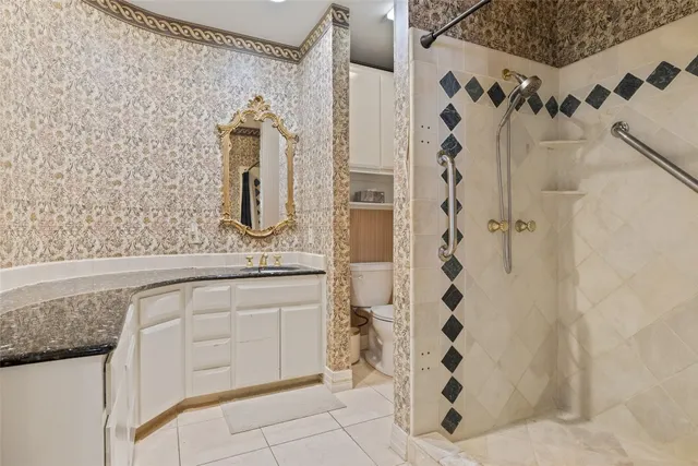 a bathroom with a granite countertop sink a toilet and a shower