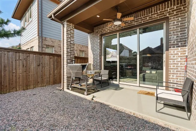 a building outdoor space with seating area