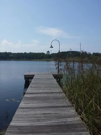 a view of a lake in between two and trees