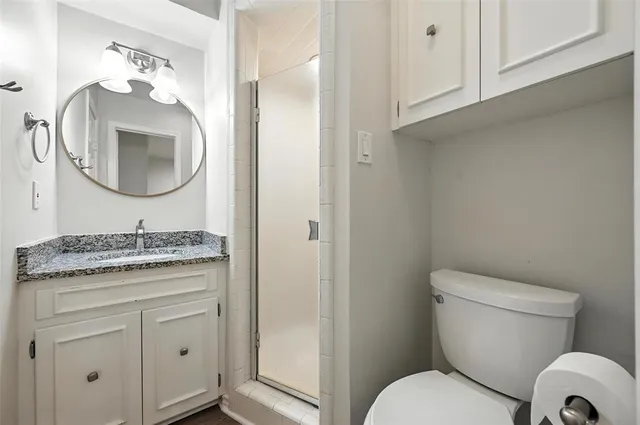 a bathroom with a granite countertop toilet sink and mirror