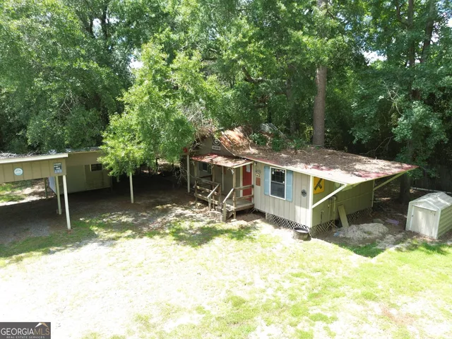 a view of a backyard with potted plants and large trees
