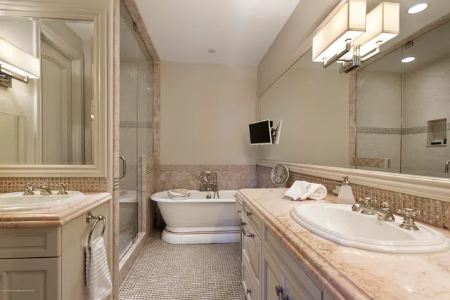 a bath room with a shower