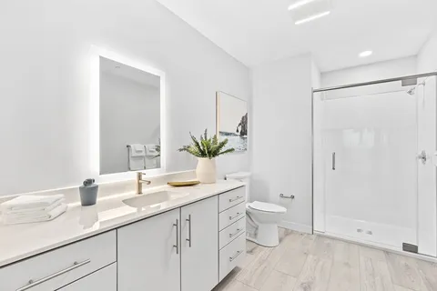 a bathroom with a granite countertop sink a toilet and a large mirror