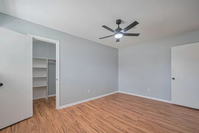 a view of a backyard with large trees