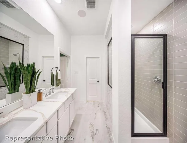 a bathroom with a sink a mirror and a potted plant