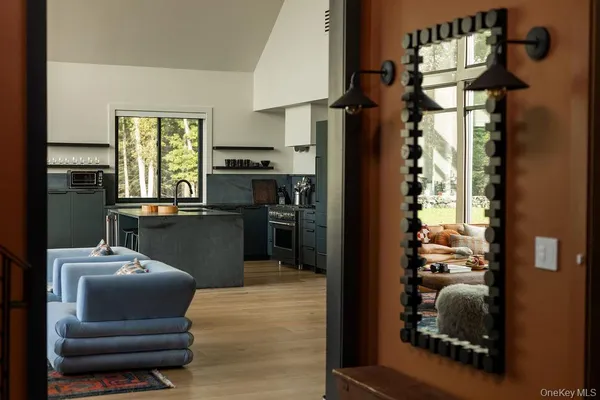 a view of a lake with a sitting space