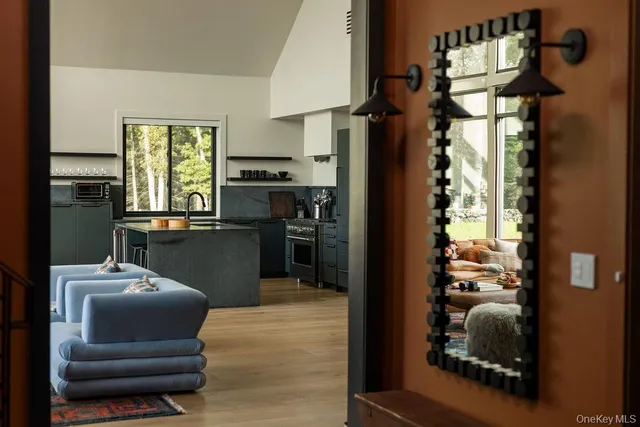 a view of a lake with a sitting space