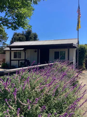 a front view of a house with a yard and potted plants