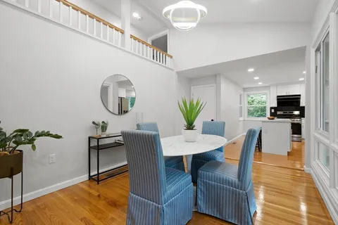a view of a dining room with furniture