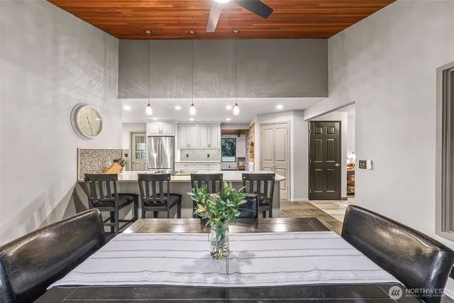 a view of a dining room with furniture