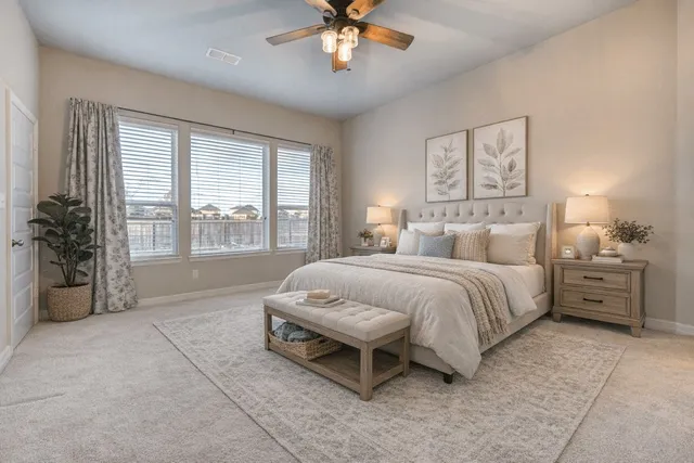 a spacious bedroom with a bed and a chandelier