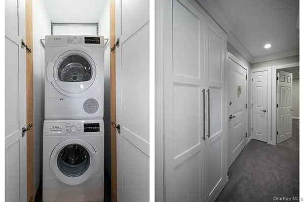 a view of a hallway with washer and dryer