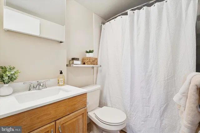 a bathroom with a sink a toilet and shower curtain