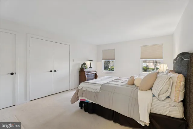 a bedroom with a bed and a closet