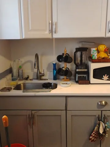 a kitchen with a sink and cabinets