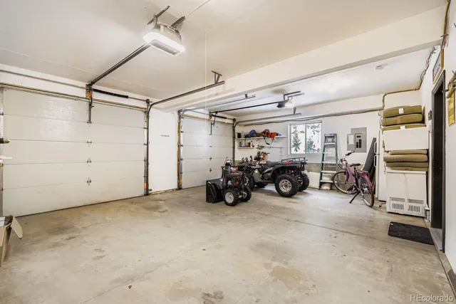 a view of a garage with storage