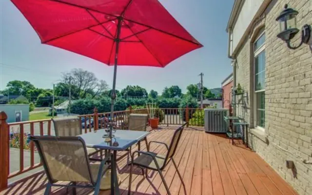 an outdoor space with furniture