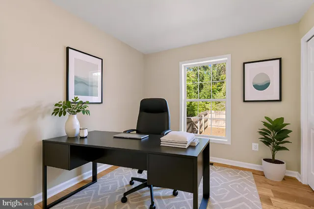 a workspace with furniture and a potted plant